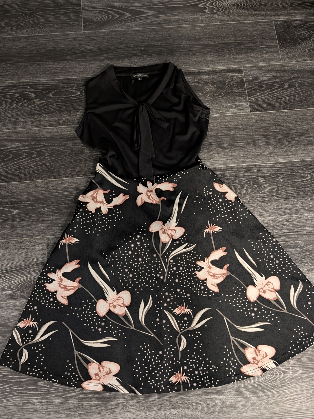 Black Floral A-Line Dress with Pink Blossom Print